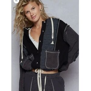 POL Patchwork Quilted Hoodie Jacket in Charcoal & Black